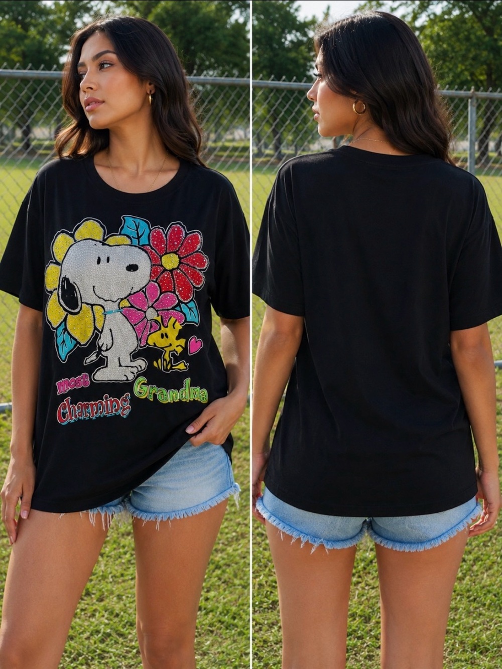 Snoopy & Woodstock Floral Rhinestone Tee - Black